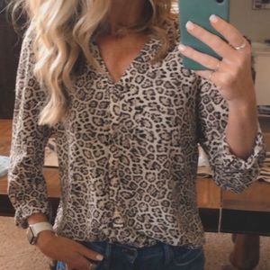 1.State leopard puff sleeve button down top